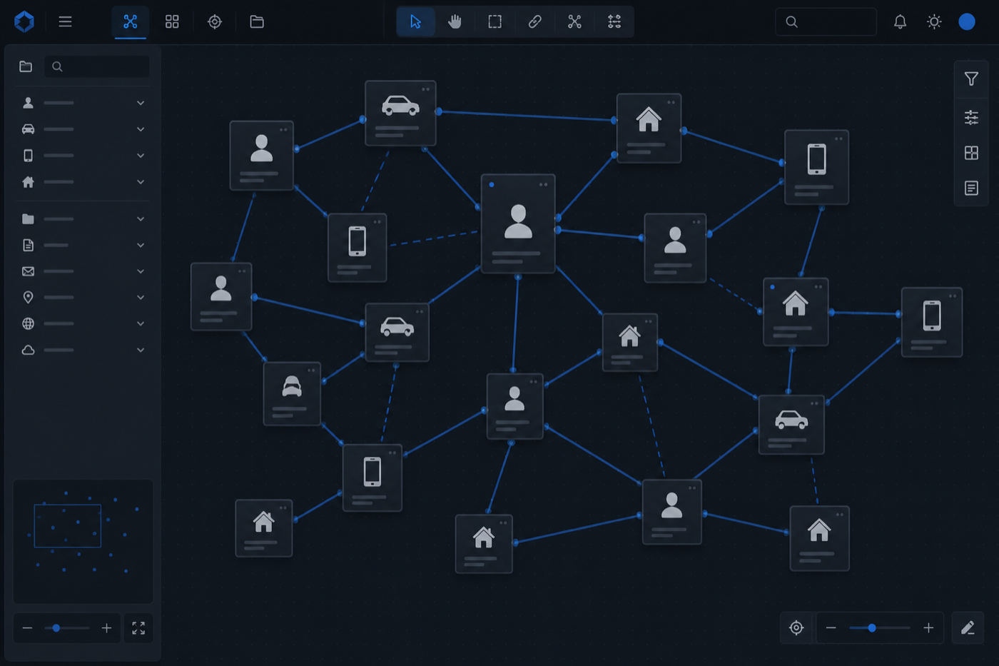 Dark investigation canvas with connected entity cards