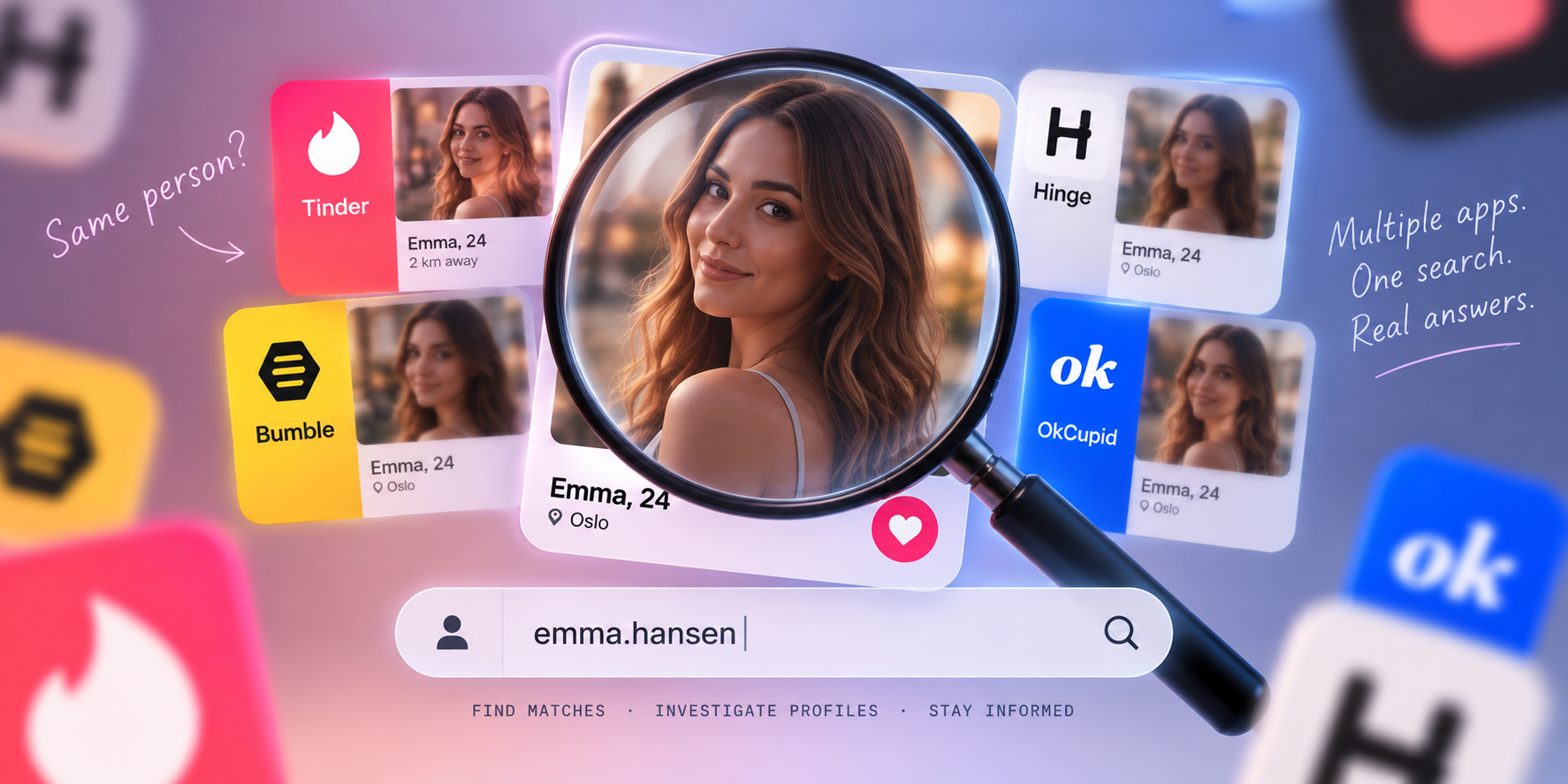 Dating profile search showing possible matches across dating apps