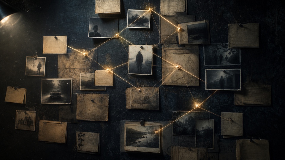 Cold case review link charts — illustrative network map