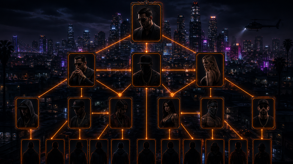Map GTA roleplay networks and factions — illustrative network map