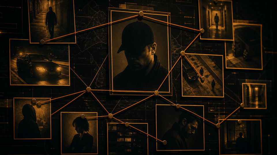 Private investigator case boards — illustrative network map